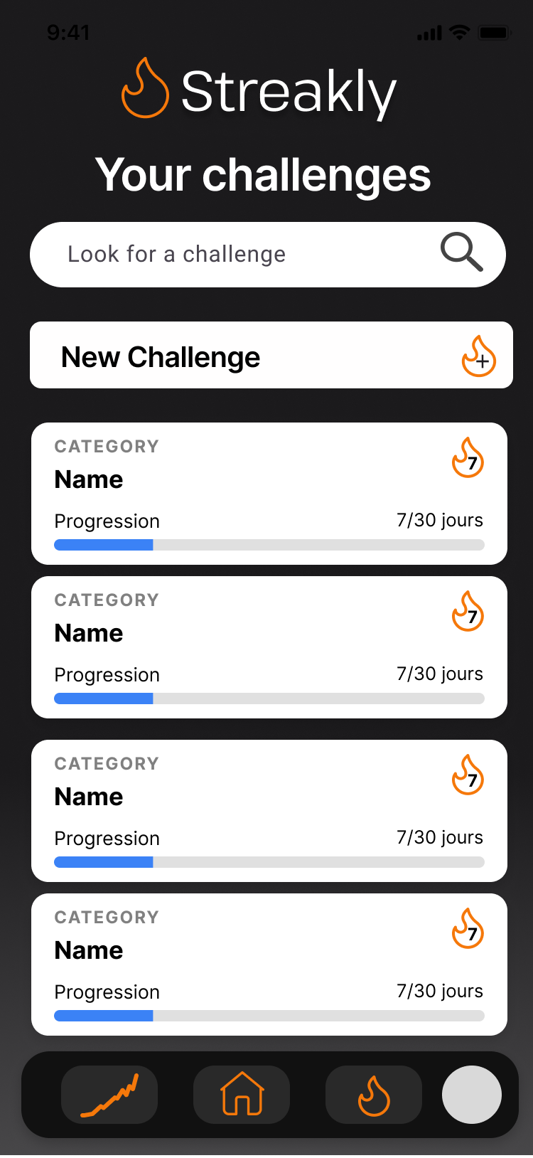Streakly App Challenges Screen